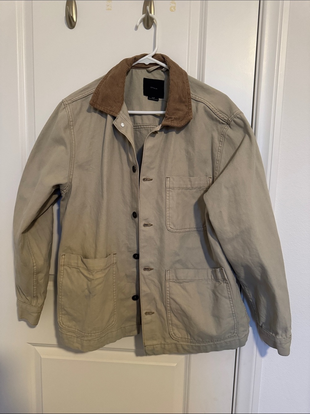 Cotton On Men's Beige Chore Jacket with Brown Corduroy Collar